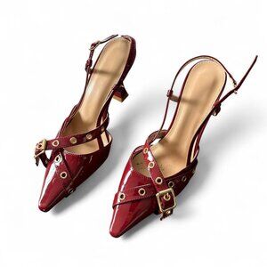 women's low kitten heel slingback pointed-toe pumps in red patent leather size 6
